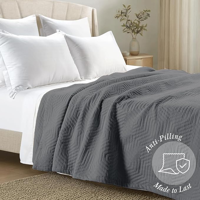 Threadmill Luxury Cotton Blankets for Queen Size Bed | All-Season 100% Cotton Queen Size Blanket | Aster Jacquard Cozy Lightweight, Soft Breathable Coverlet fits Full Size Bed, 90x92 | Dark Grey