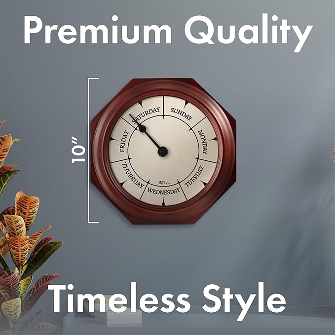 Classic Day of The Week Wall Clock - 10" Solid Mahogany Wood Frame, Ideal Retirement Gift for Men and Women, Day Clock for Seniors and Retirees