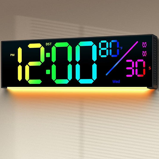12" Digital Wall Clock: LED Large Display Clock with Remote, 11 RGB Color Modes, Wall Mount or Tabletop Decor for Classroom Dorm Office, Big Numbers for Seniors Kids