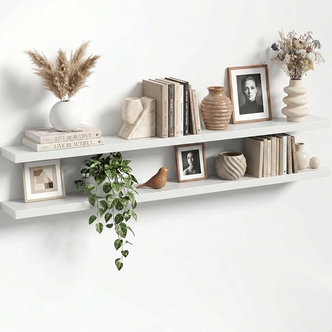 72" Floating Shelves for Wall, Set of 2, 8" Deep, 1.5" Thick, White | Rustic Wood Wall Shelves with Invisible Brackets, Storage and Display for Bathroom, Bedroom, Living Room or Kitchen