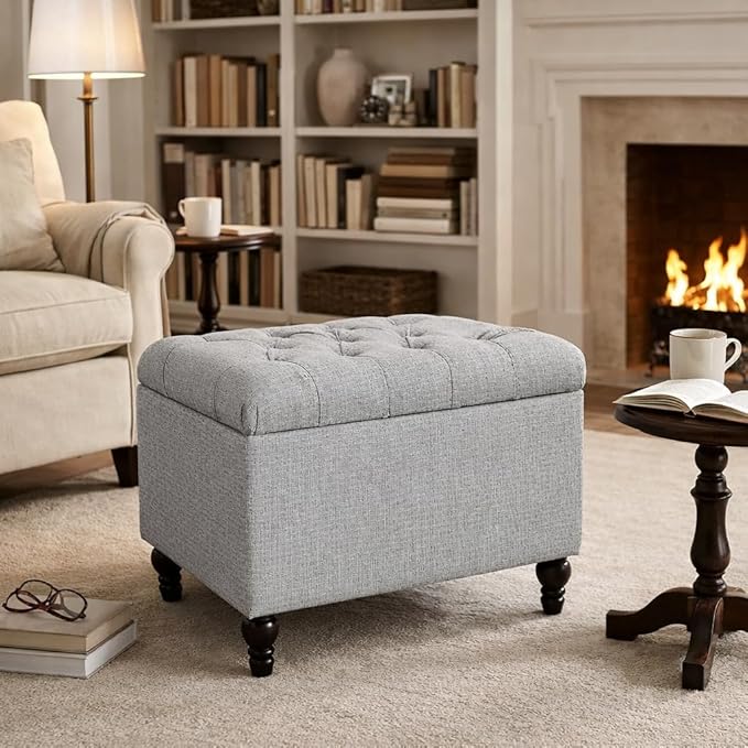 Homepop Home Decor | Upholstered Button Tufted Storage Ottoman | Hinged Lid Ottoman with Storage for Living Room & Bedroom | Decorative Home Furniture (Grey) Medium