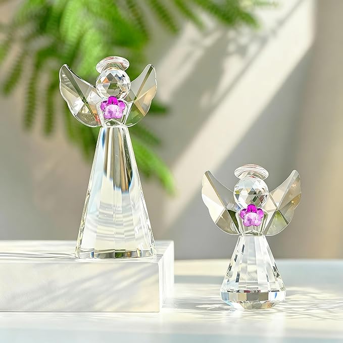 HDCRYSTALGIFTS Set 2 Crystal Angel Figurines Collectibles Gift for Women/Mom Art Glass Christmas Guardian Angel Statues Ornament