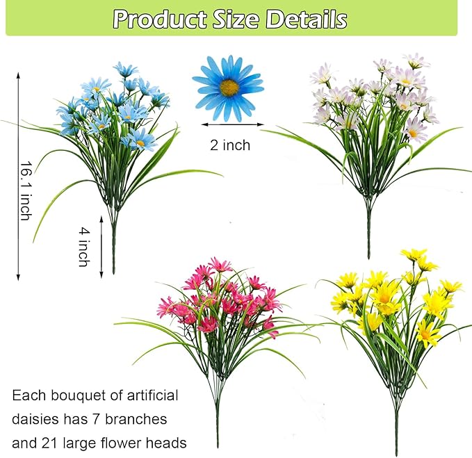4 Bundles Artificial Large Daisy Fake Plants Flowers Faux Silk Wildflowers Bouquet Outdoor UV Resistant for Home Decor Indoor Outside Garden Front Porch Planters Decoration (Multi Color)