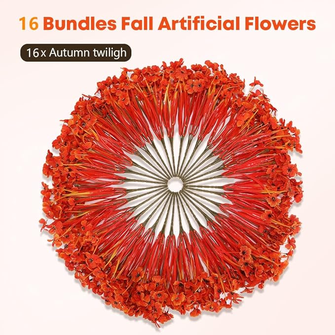 Geegoods Artificial Mum Flowers for Outdoors, 16 Bundles UV Resistant Faux Plastic Mum Flowers for Halloween Front Door Porch Patio Yard Balcony Decor