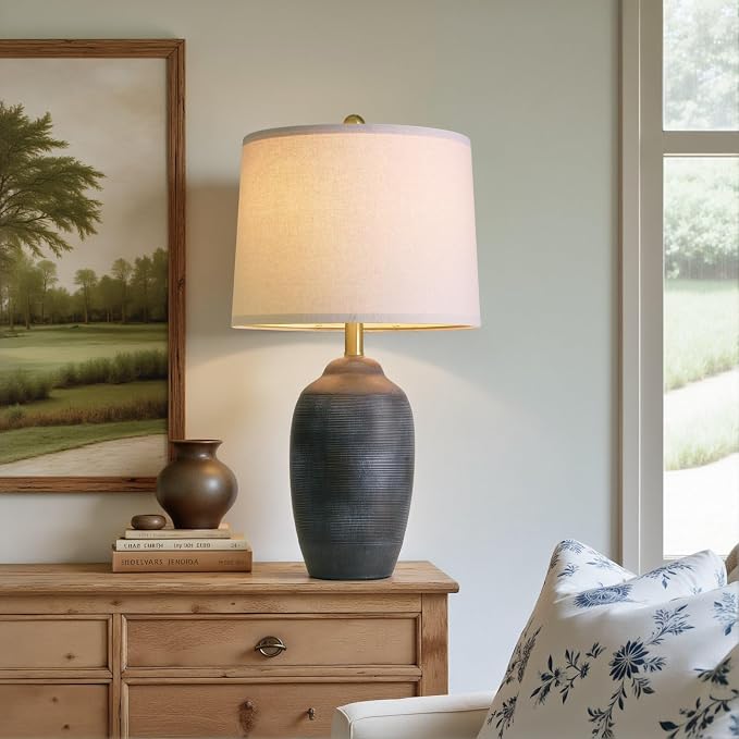 USumkky 24.5" Vintage Ceramic Table Lamp with 5FT Cord- Single Farmhouse Rustic Bedside Lamp with Natural Textured Finish, Nightstand Lamps for Living Room, Bedroom, End Table, Office Retro Black