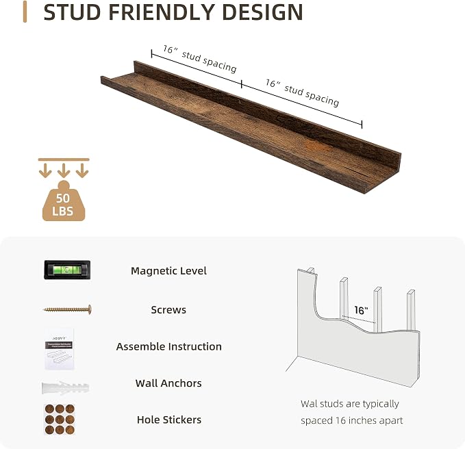 Acovy 36 inch Picture Ledge Shelf, Wood Floating Shelves, Brown, Set of 2 | Photo Ledge, Wall Mounted, For Nursery Book Living Room Kids' Room Bedroom