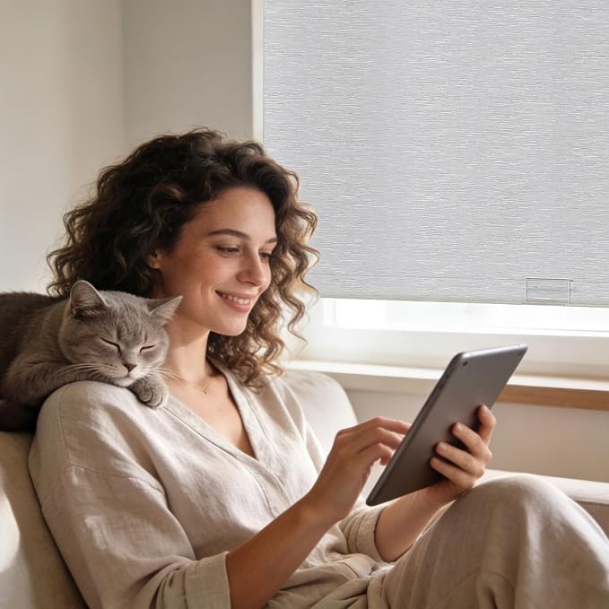 Joydeco Natural Woven Roller Shades for Indoor Windows, Cordless Blackout Blinds with Curved Valance, Thermal Insulated UV Protection Privacy Window Shades for Home and Office (Grey,31" W x 72" H)
