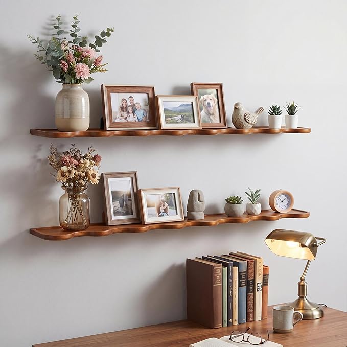 Pinkunn 2 Pcs Walnut Floating Shelves for Wall 48 Inch Wooden Wave Floating Shelf Live Edge Shelves Wall Decor for Bathroom Bedroom Living Room Office, Scalloped Mounted Display Hanging Shelf