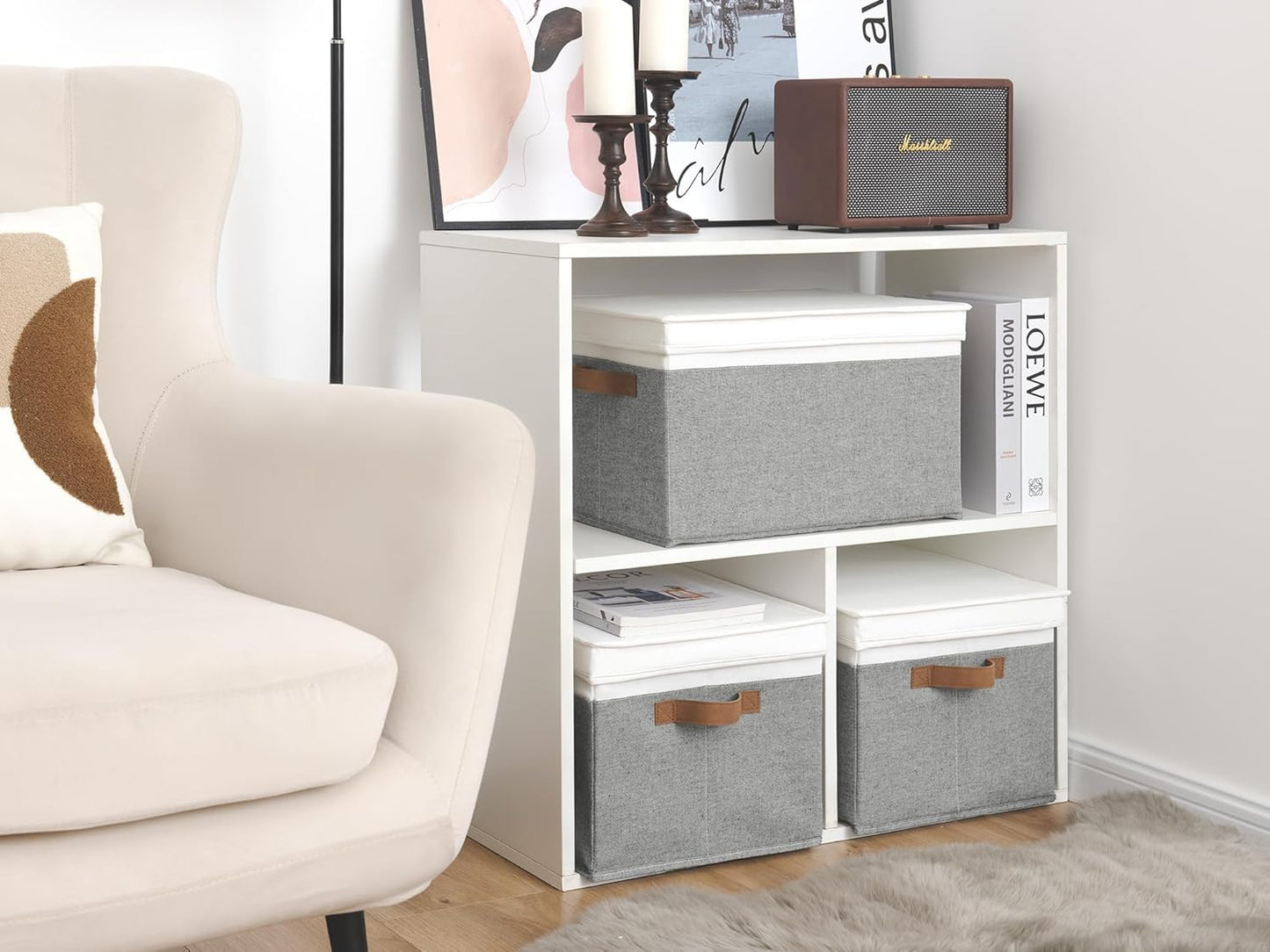 StorageWorks Storage Bins with Lids, Decorative Storage Boxes with Lid and PU Handles, Foldable Storage Baskets for Closet, Shelves, Stackable, Gray and White, Jumbo, 3-Pack