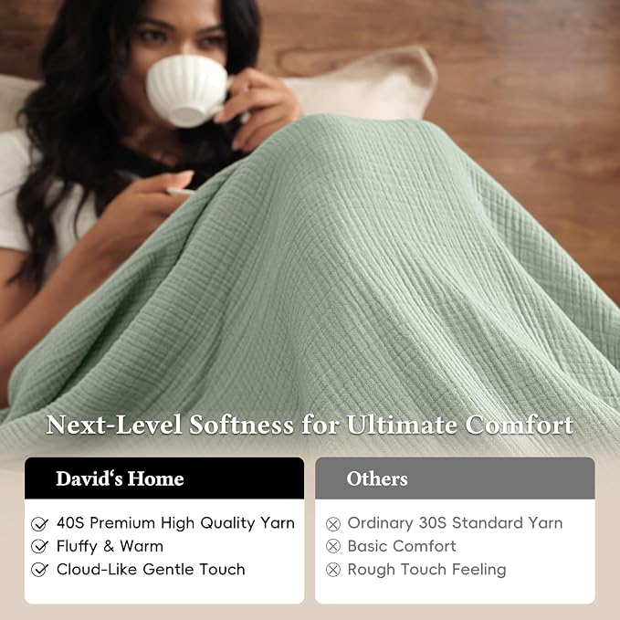 David's Home 100% Cotton Muslin Throw Blanket for College Dorm, 4-Layer Soft Breathable Lightweight Cozy Throw Guaze for Hot Sleepers, 3D Bubble Room Decor for Bed, Giftable, Sage Creen, 50"x70"