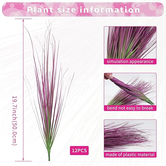 12 Bundles Artificial Grass Plants Outdoor Tall Faux Shrubs Greenery Stems Fake Onion Grasses Wheat UV Resistant for Outside Garden Indoor Office Home Decor（Pink）