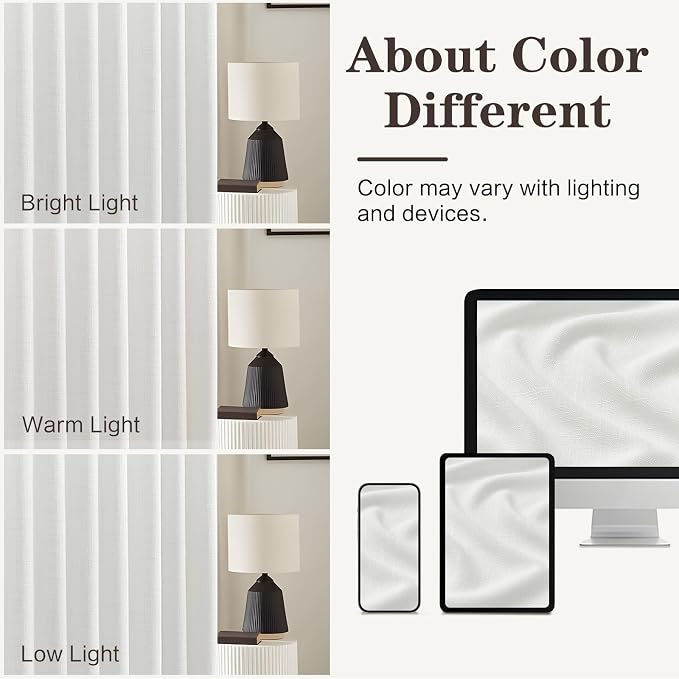 White 90 Inch Curtains Pinch Pleated Linen Curtain for Living Room, Light Filtering Pleat Drapes Textured Luxury Semi-Sheer Curtain with Hooks for Sliding Glass Door Dining Room Bedroom, 2 Panels