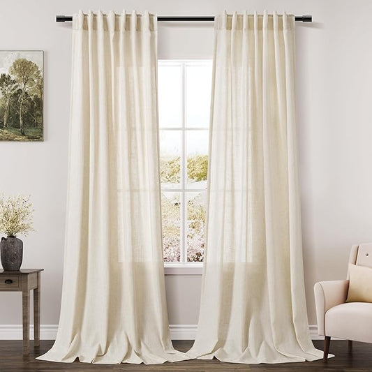 Nanspring Warm Beige Linen Curtains Semi Sheer 96 Inches Long 2 Panels Set for Living Room Back Tab Rod Pocket Light Filtering Drape for Bedroom Modern Farmhouse Coastal Decor Protect Privacy 52x96