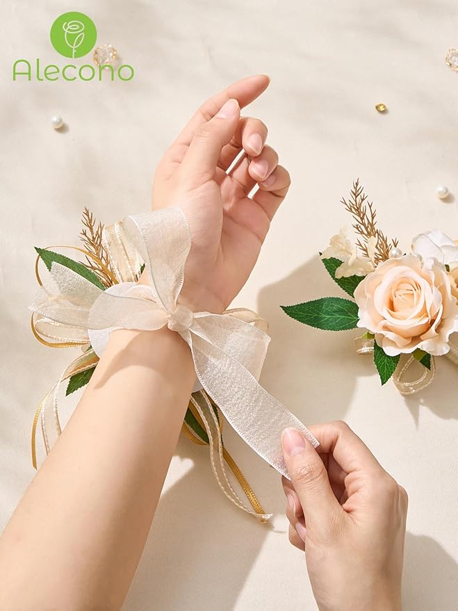 Alecono Champagne Corsage and Boutonniere Set, Corsages for Bride Bridesmaid Groom Bridegroom, Artificial Flowers for Prom Graduation Ceremony Anniversary