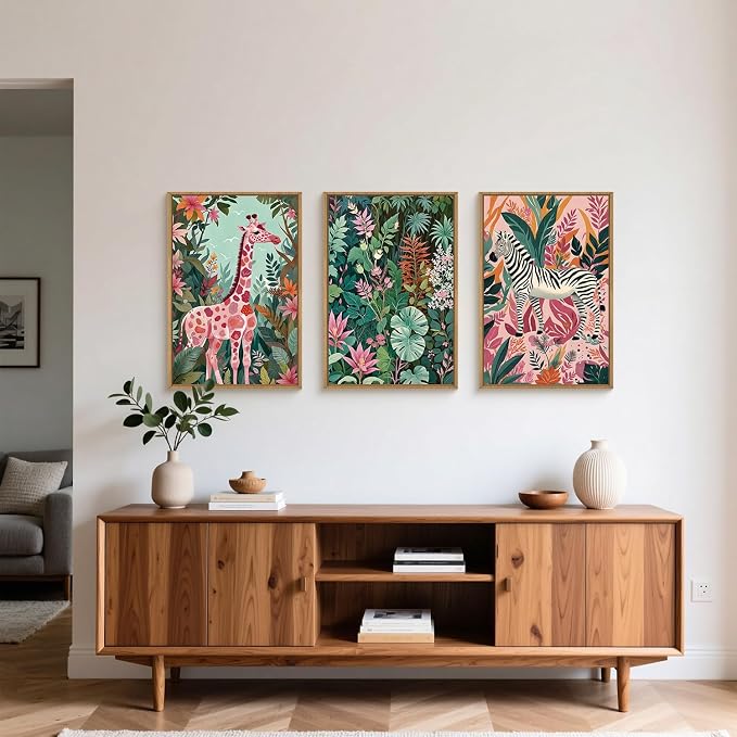 Spring Boho Sage Green Pink Giraffe Zebra Jungle Framed Canvas Wall Art Set,Natural Safari Tropical Wildlife Wall Decor,Modern Wild Animal Botanical Artwork for Living Room,Farmhouse -16"x24"x3