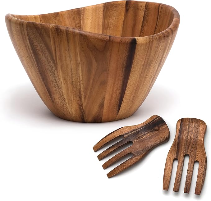 Acacia Wave Bowl with Salad Hands