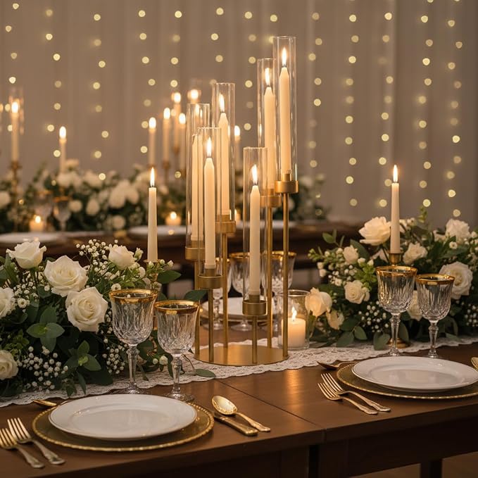 LETINE 6-Arm Gold Candelabra, 23.96" Tall Candelabra Centerpieces for Tables with Glass Lampshade & Heavy Base, Vintage Gold Taper Candle Holder for Indoor Outdoor Wedding Party Decor.