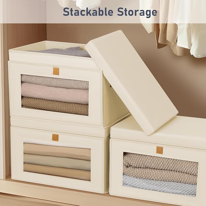 Homsorout Large Storage Bins with Lids - Fabric Collapsible Closet Storage Organizer with Window & Handles, Stackable Decorative Storage Boxes for Clothes, Blankets, Sweaters, 6 Pack, Beige
