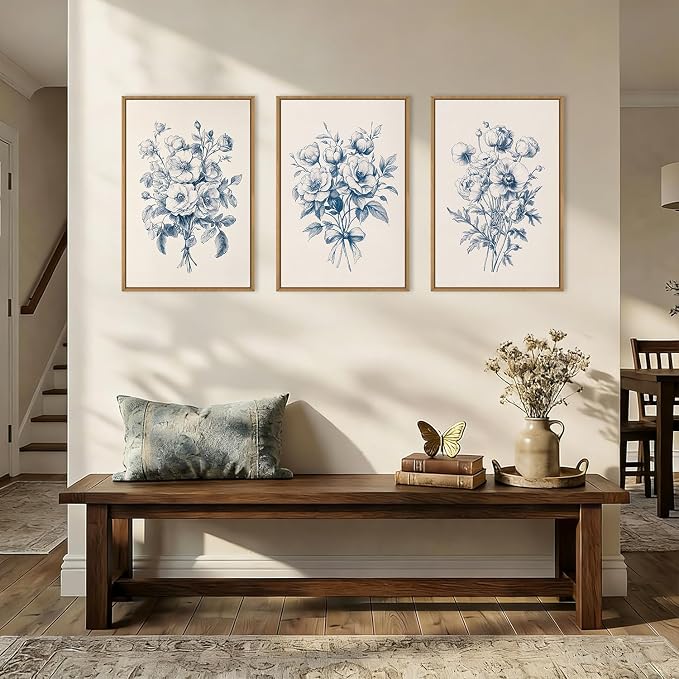 KAIRNE Navy Blue Floral Framed Canvas Wall Art Set,Vintage Botanical Flower Wall Decor,Modern Minimalist Bouquet Art Prints,Neutral Rose Artwork for Living Room,Bedroom,Farmhouse,Office-16 x24 x3