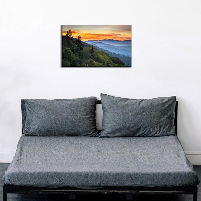 Sunset Mountain Wall Art for Living Room Blue Ridge Mountains Picture National Park Landscape Poster Nature Photo Canvas Prints Trees Forest Painting Framed Artwork Home Office Decorations 12x16”