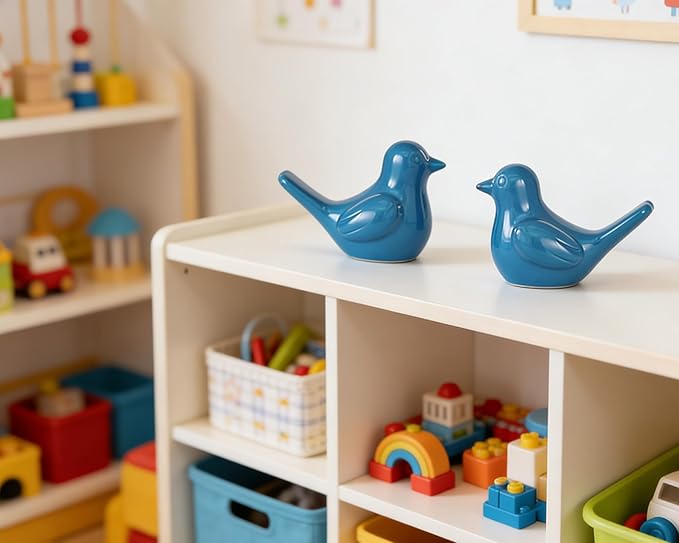 Small Blue Bird Statue Ceramic 2-Piece Set, 3¾ inch Cute Knick Knack for Home Office Shelf Desk Decor