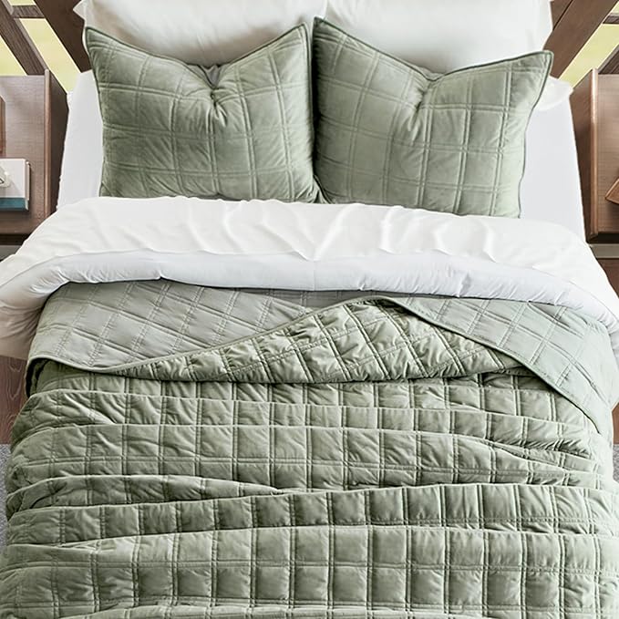 EverGrace 3 Pieces Luxurious Velvet Quilt Queen Size, Ultra Soft Bedspread Coverlet Set, Double Box Stitch Lightweight Velvet Comforter for All Season with 2 Shams, Sage Green, 92"x96"