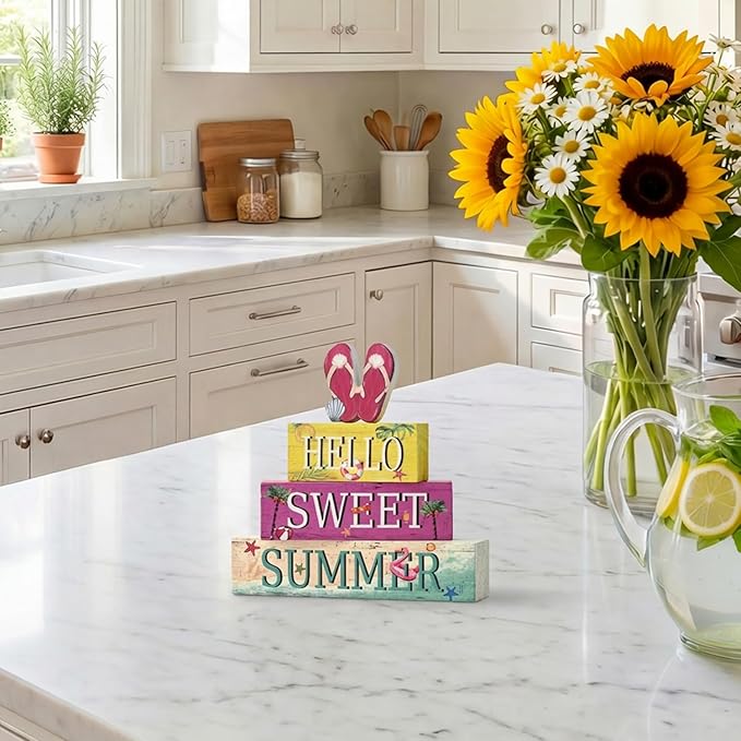 Smile 4 Pcs Summer Indoor Wooden Decor, Beach Flip Flop Hello Sweet Summer Tiered Tray Farmhouse Table Decoration for Home and Office