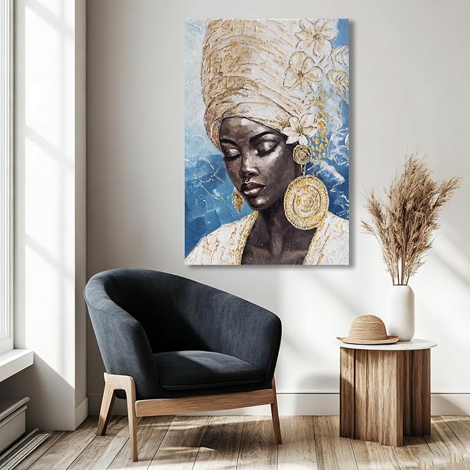 Dolidoteart Blue Gold Black Woman Wall Art, Large African American Canvas Wall Art for Living Room Bedroom Office, Modern Portrait Wall Art Print, 32x48 Inch