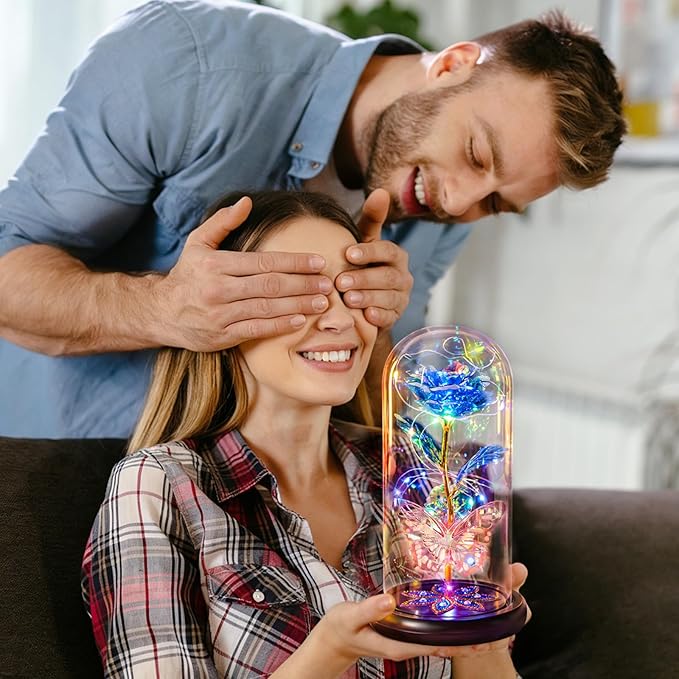 Mothers Day Flowers Gifts for Mom Women Birthday Gift Galaxy Glass Rose Forever Eternal Crystal Flowers Rose in Glass Dome with Butterfly Mother's Day Roses Gifts for Mom Daughter Wife Grandma Blue