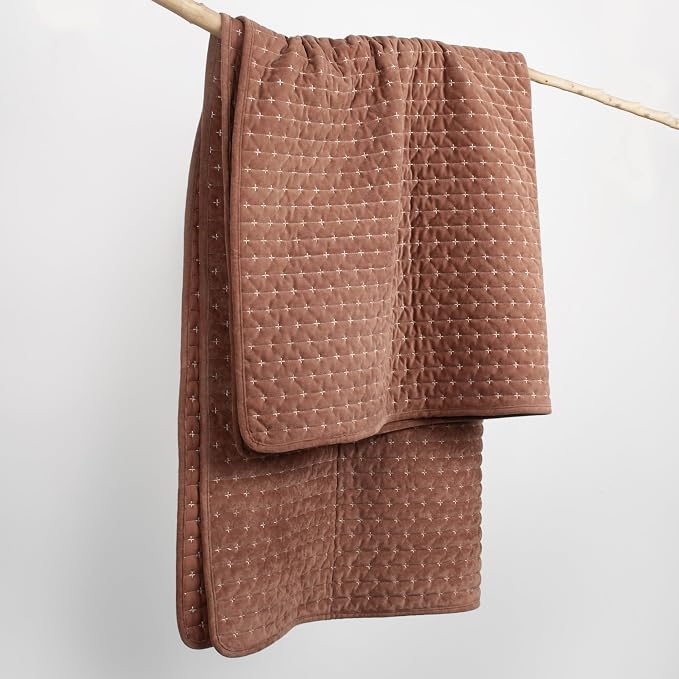 Levtex Home - Velvet Stitch - Throw - Cross Stitch Velvet - Rust with White - Quilt (50x60in.) and Sham 50x60in. - Polyester