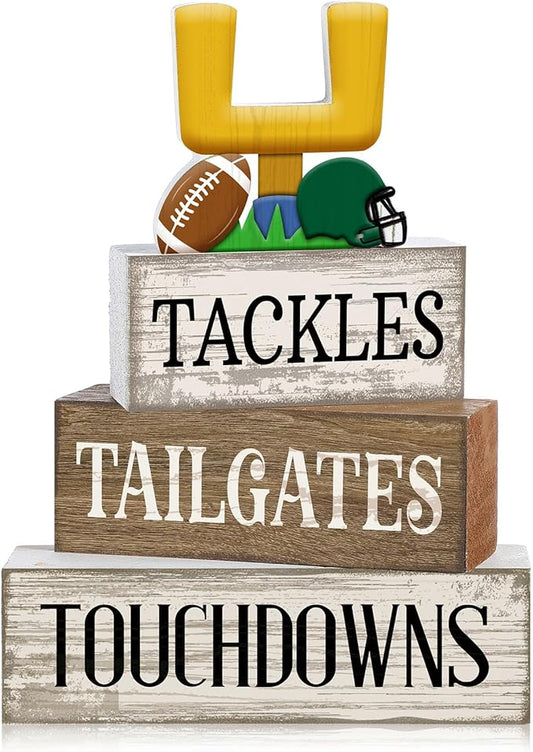 Lineshading 4 Pcs Football Table Decorations Football Tiered Tray Decor Sport Game Centerpiece Sign Decorative Rugby Stack Block Gift for Fans Club Tailgate Birthday Party Table Shelf Fireplace Decor