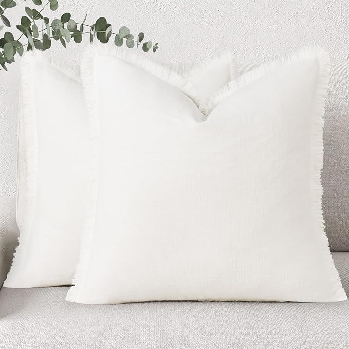 decorUhome Summer Decorative Neutral Linen Fringe Euro Sham Throw Pillow Covers Set of 2 Cream White Pillow Covers with Tassels Soft Farmhouse Boho Accent Pillow Cases for Couch Bed Sofa 22x22 Inch