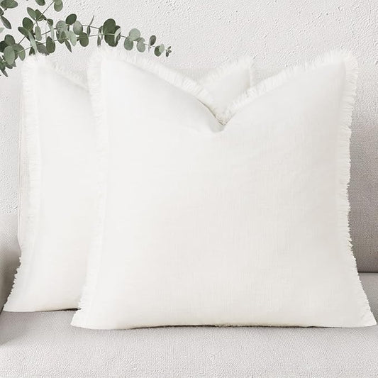 decorUhome Summer Decorative Neutral Linen Fringe Euro Sham Throw Pillow Covers Set of 2 Cream White Pillow Covers with Tassels Soft Farmhouse Boho Accent Pillow Cases for Couch Bed Sofa 26x26 Inch