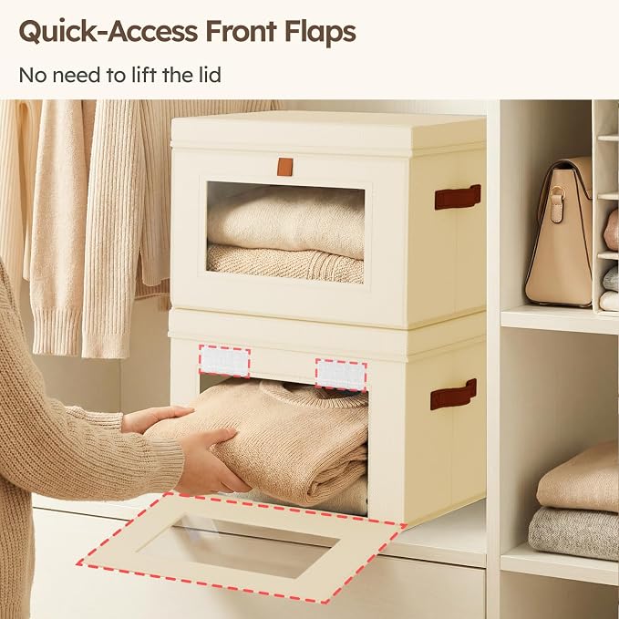 Homsorout Storage Bins with Lids - Front Opening Storage Box with Clear Window & Handles, Stackable Foldable Fabric Bins for Closet Organization, Clothes, Sweaters, Towels, Blankets, 3 Pack, Beige
