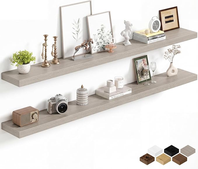 Fun Memories 67Inch Long Floating Shelves, 8 Inch Deep Shelves for Bedroom|Living Room, Wall Mounted Wood Hanging Shelf with Invisible Brackets for Fireplace Mantel Home Storage Decor, Grey - 2 Pack