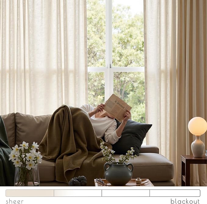 jinchan Linen Curtain 96 Inches Long for Sliding Glass Door, Farmhouse Semi Sheer Ceiling Curtain Living Room Light Filtering Grommet Farmhouse Rustic Beige Drape, 100" x 96", 1 Panel