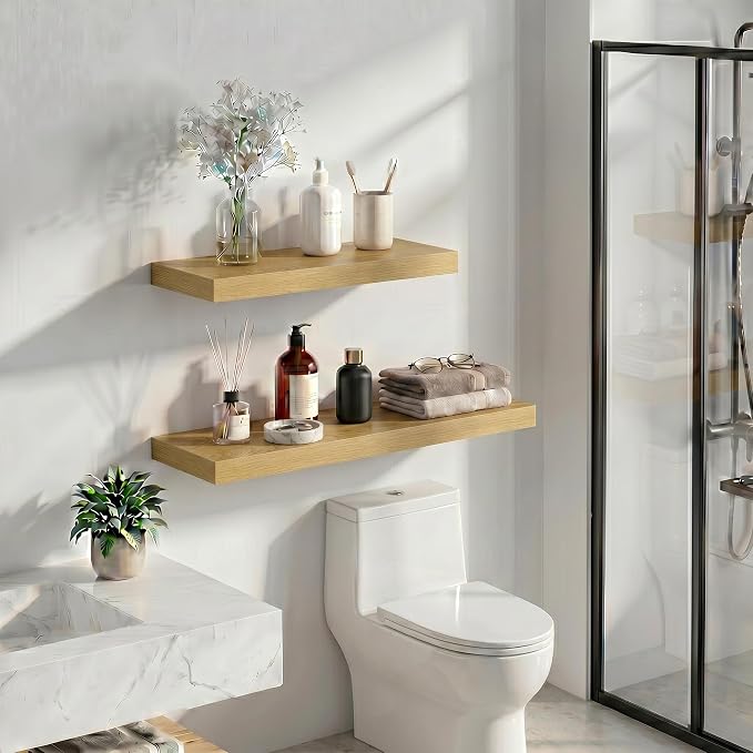 Heimlove 16 inchs Floating Shelves for Wall Set of 2,Shelf for Small Bathroom,Bedroom,Living Room,Kitchen,Modern Home Decor,Rustic Farmhouse Wall Shelves with Invisible Brackets,Oak