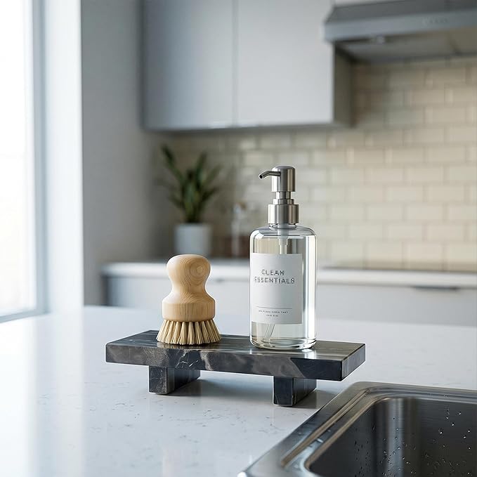 Marble Soap Tray for Bathroom Kitchen Countertop 8.6" x 3.6" Waterproof Soap Dish Holder, Stone Pedestal Stand for Sink, Vanity, Counter Luxury Decorative Tray Farmhouse Decor Black (WH111)