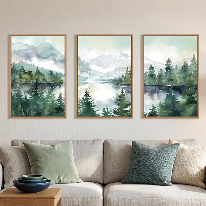 Watercolor Mountain Framed Canvas Wall Art Set,Green Forest Lake Wall Decor,Nature Boho Pine Tree Wall Painting,Foggy Wilderness Landscape Artwork for Living Room,Bedroom,Office-16 x24 x3
