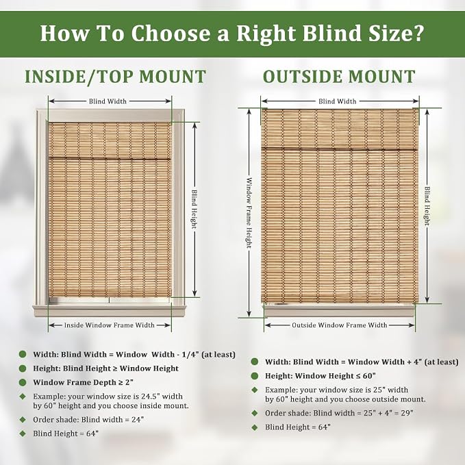 SEEYE Cordless Bamboo Blinds - Light Filtering Roller Shades, Natural Roman Blind, Roll Up Blind for Windows, Easy to Install for Door, Patio, Bedroom, 30" W x 64" H