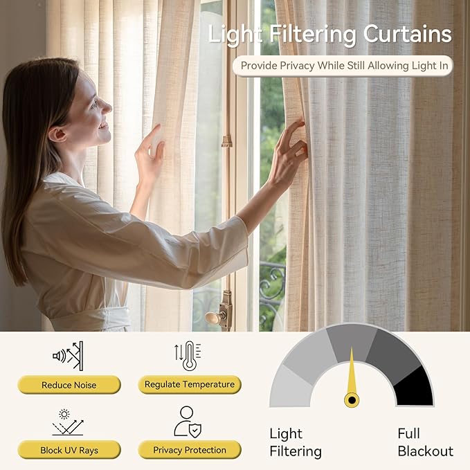 Liz Pinch Pleated Linen Curtains 84 Inches Long - Light Filtering Curtains for Living Room, Semi Sheer Window Curtains for Bedroom, Luxury Pinch Pleat Drapes with Hooks, Natural, 2 Panels Set
