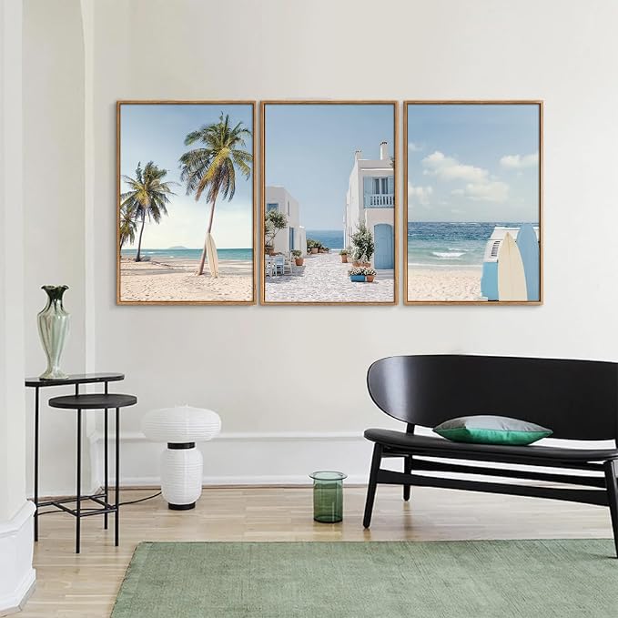 Rantodecor Beach Themed Framed Canvas Wall Art, Palm Tree Surfboard Van Wall Decor, Nordic Blue and White House Art Painting, Modern Relaxing Seascape Artwork for Bedroom Living Room Office 24"x36"x3