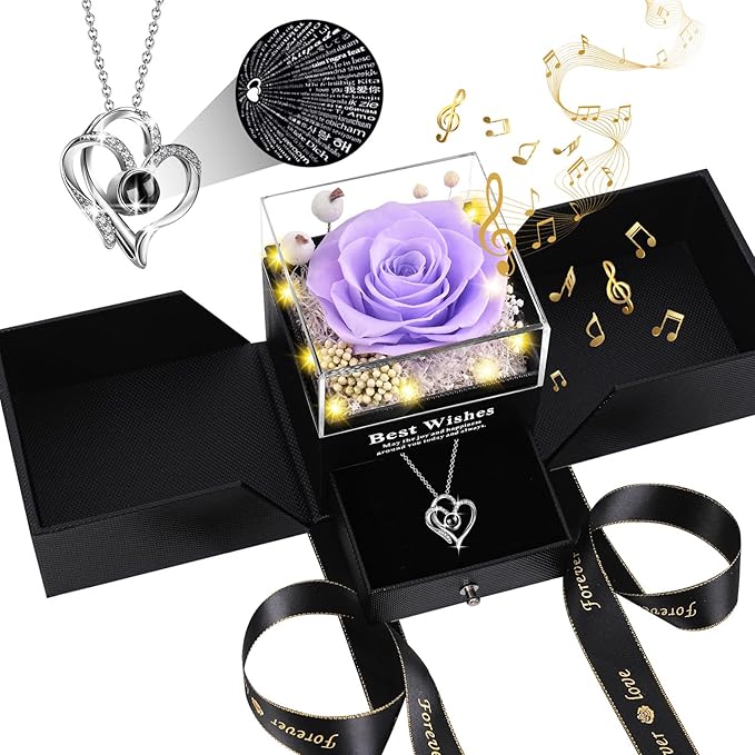 Pasuvsigt Mothers Day Mom Birthday Gifts for Women, Preserved Real Rose with I Love You Heart 100-Language Necklace, LED Lights & Music Box, Anniversary for Women Girlfriend Mom
