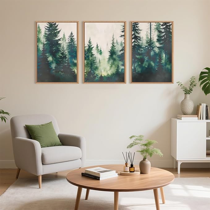 DRACIT Watercolor Misty Green Forest Framed Canvas Wall Art Set,Modern Foggy Pine Tree Wall Decor,Calming Greenery Boho Landscape Artwork for Living Room,Bedroom,Office-24 x36 x3