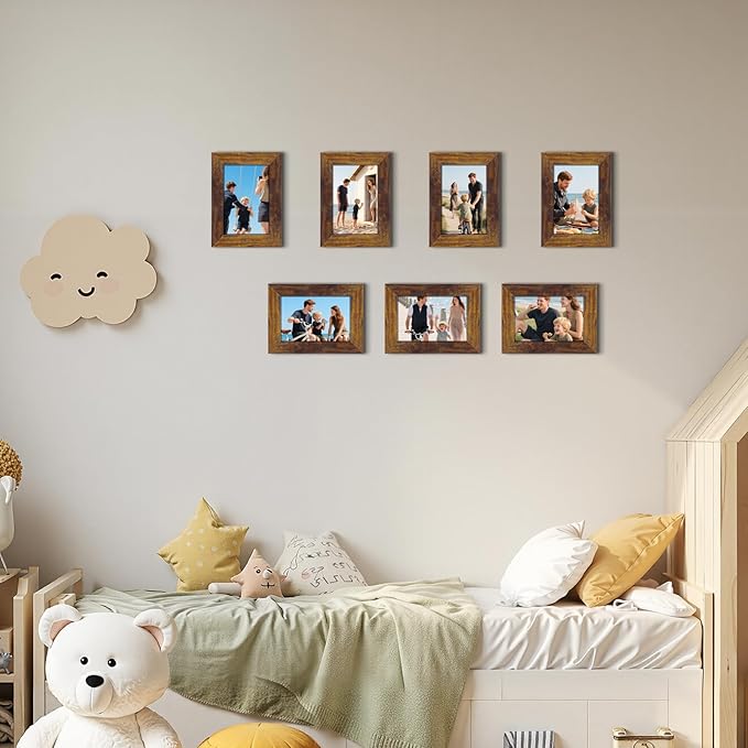 PETAFLOP Wooden Picture Frames 4x6 Rustic Frame Fits 4 by 6 Inch Prints Wall Tabletop Display, 7 Pack