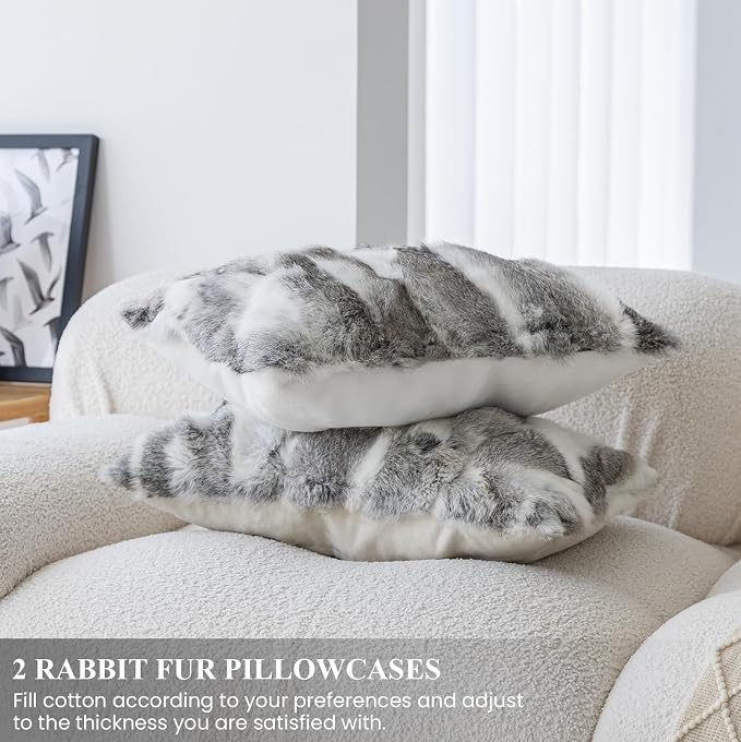 MOOX Rabbit Fur Pillow Covers Set of 2 Fur Throw Lumbar Decorative Pillow Fuzzy Soft Fluffy Genuine Animal Skin 18"x18" Sofa Couch Bed Cover, Couch-Grey White