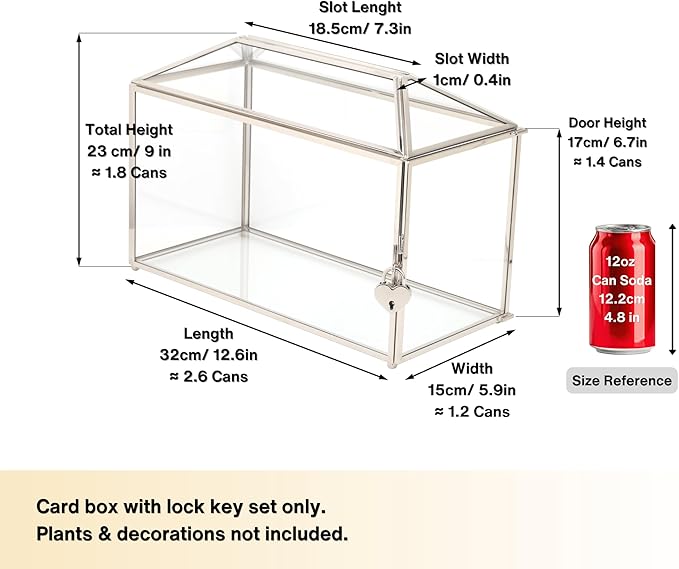 NCYP 12.6" x 5.9" x 9" Wedding Glass Cards Box with Slot and Lock, Thanks Card Holder for Keepsake, Envelops, Reception, Decorative, Silver (Glass Box Only) Slot Length 7.3 Inches