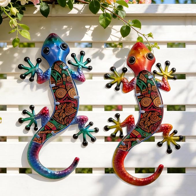 HONGLAND Lizard Wall Decor- 15 Inch Gecko Metal Wall Art Hanging Glass Sculpture, 2 Pack Yard Decorations Outdoor for Garden Fence Home