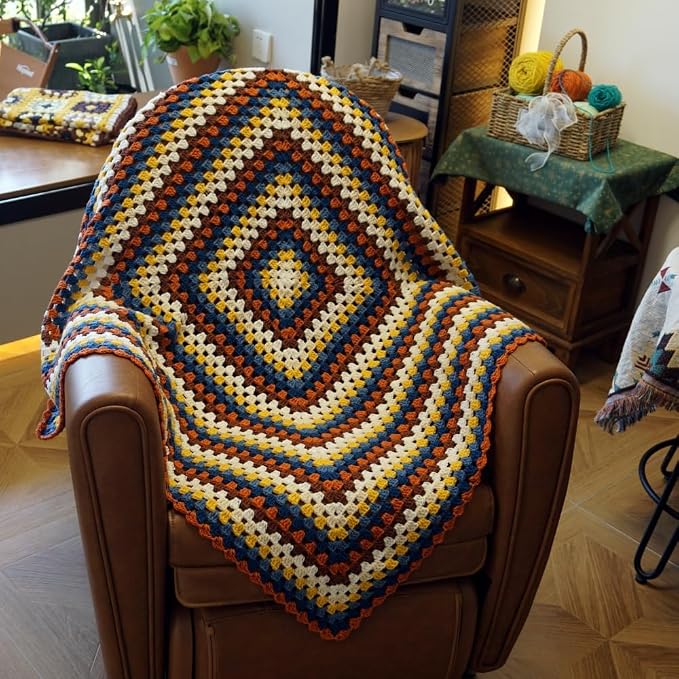 Handmade Crochet Granny Square Throw Blanket Sweater Style,Crochet Quilt,Multicolor Boho Travel Accent Throw for Sofa Comforter Couch Bed Recliner Living Room Bedroom Decor 43" x43" (B)