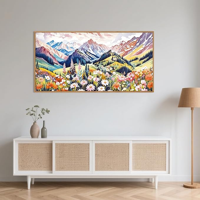 Abstract Colorful Floral Mountain Landscape Framed Canvas Wall Art,Natural Boho Woodland Wildflower Decor,Modern Pink Blossom Botanical Artwork for Living Room, Bedroom, Farmhouse-40 x20 x1